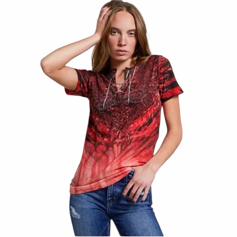 Affliction Red & Black Rosy Dagger Rhinestone Angel Wings Tee - Size Large